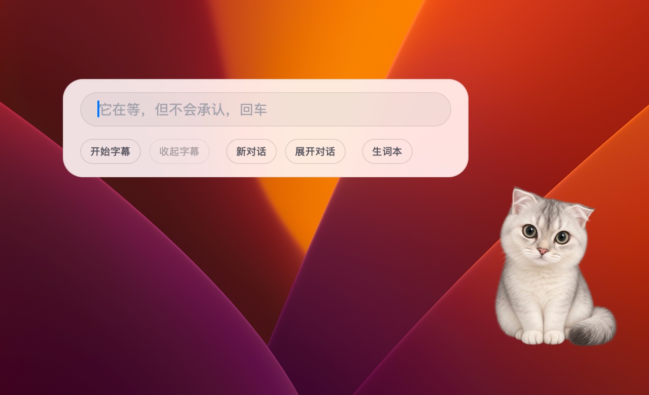 Clicking the cat opens the chat bubble with the input field already focused; press Enter to send, with buttons below for captions, conversations and the vocabulary list